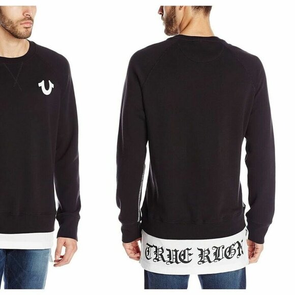 True Religion Men Jet Black Pull Over Raglan Sweatshirt W/Shirt Tail
